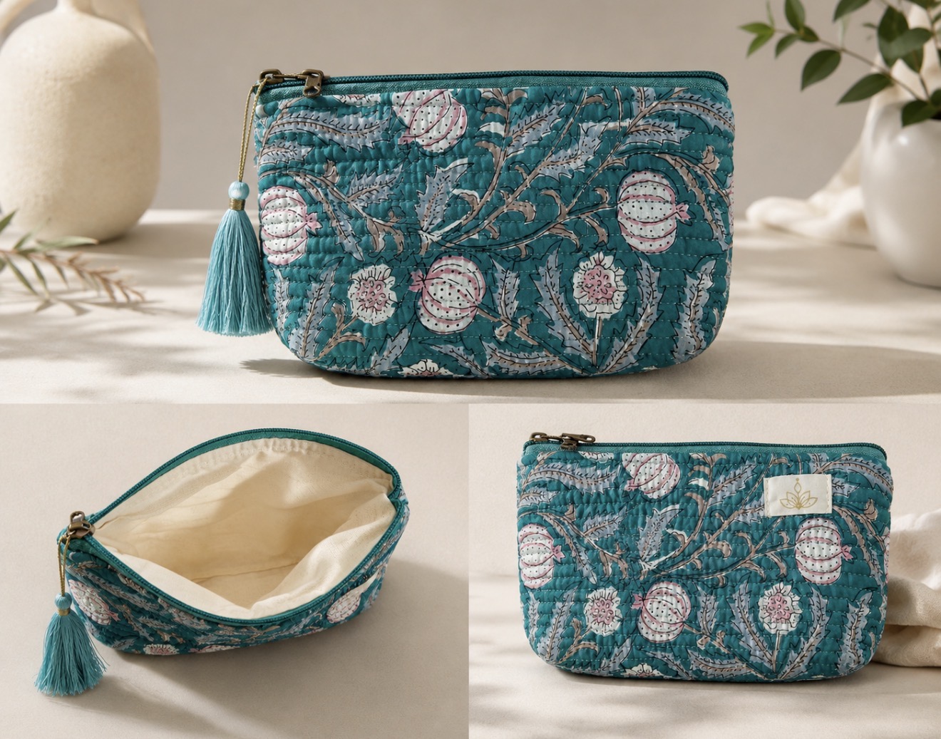 Teal floral block-print hand-quilted Varnya pouch with tassel