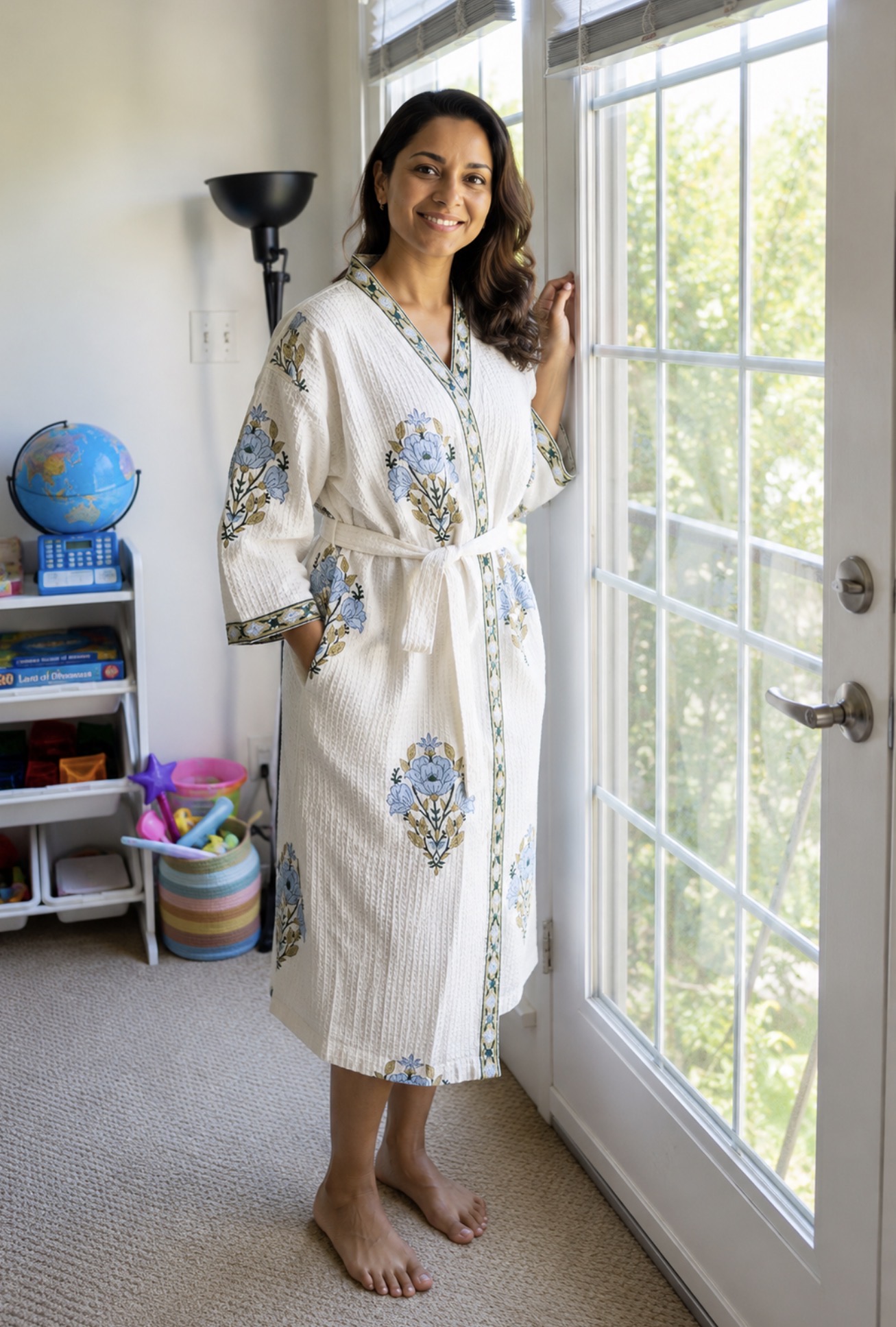 Sapphire Bloom bathrobe — deep indigo florals on white waffle cotton.