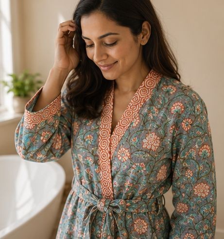 Sage Bloom Bathrobe — Coral blooms over a soft sage ground.