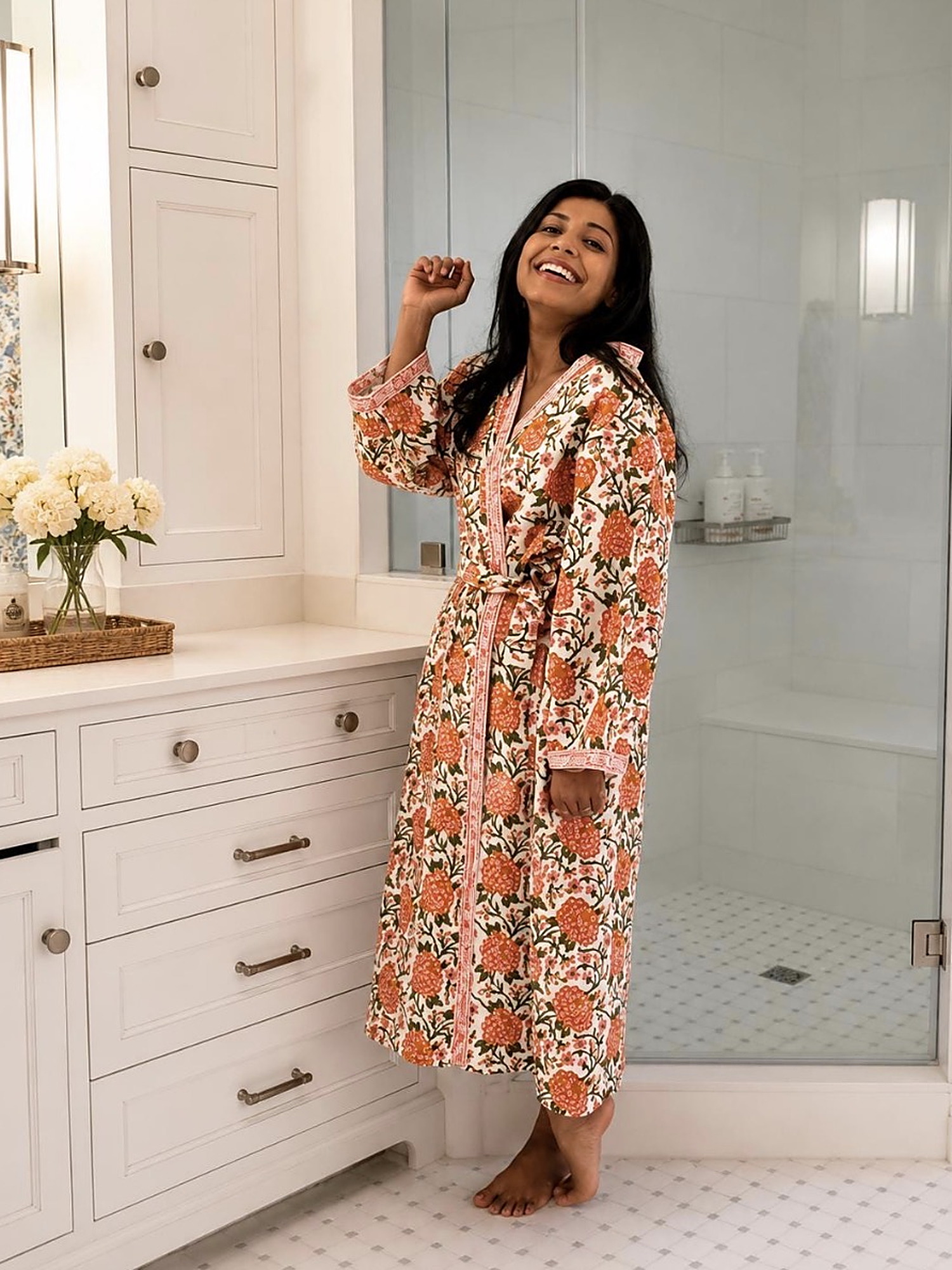 Amber Bloom Bathrobe — Full amber marigolds on a long, easy kimono cut.