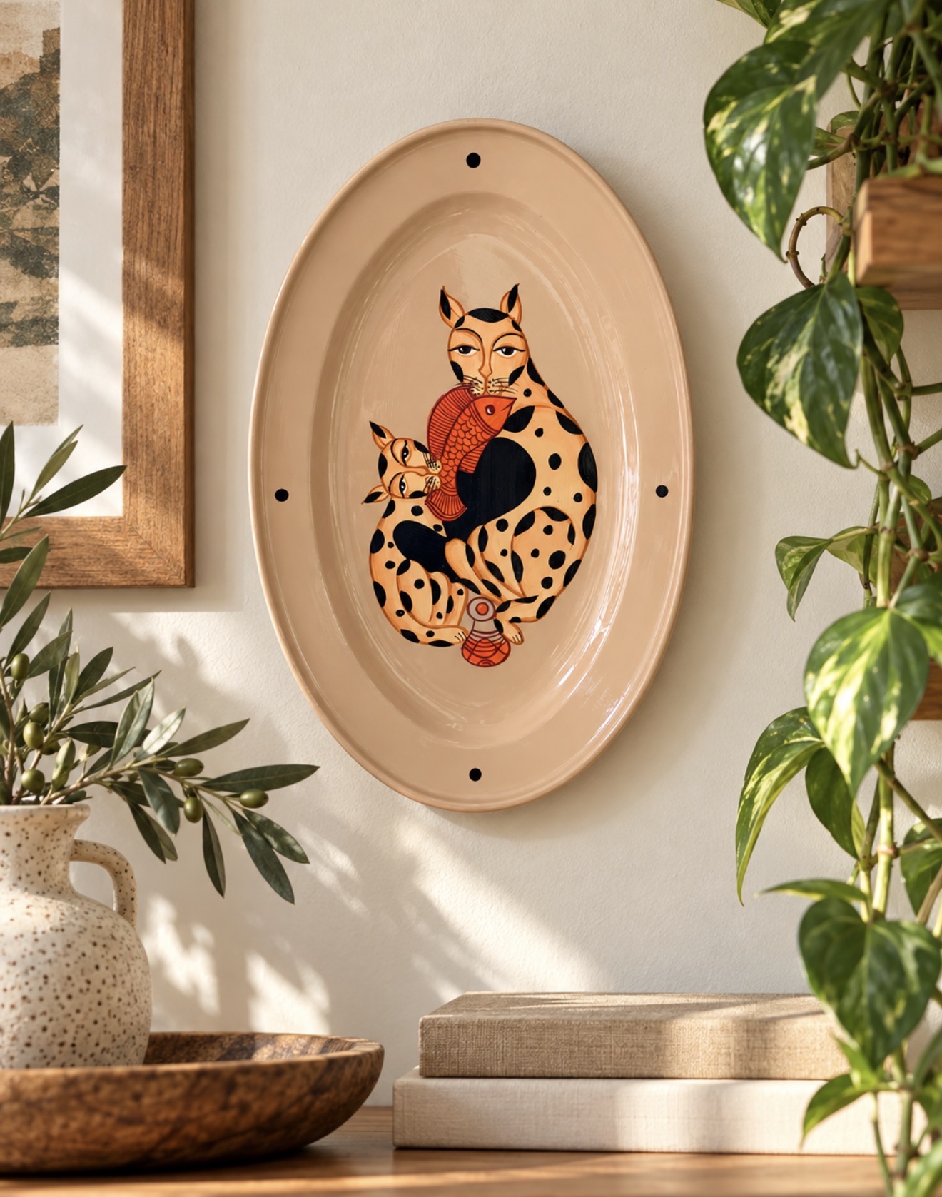 Room mockup of the Kalighat Cat Family tray displayed on a wall