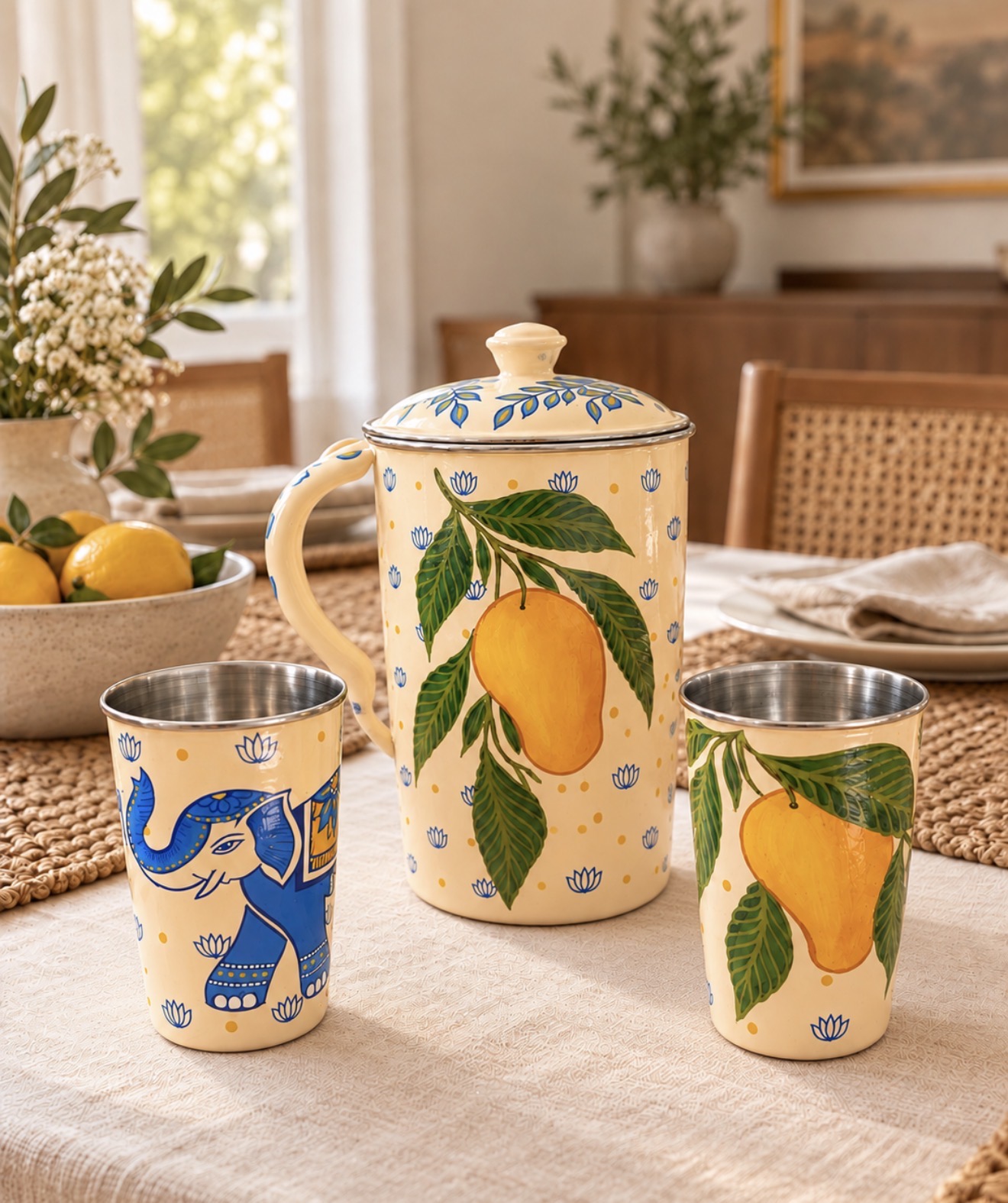 Mango & Elephant Hand-Painted Steel Jug & Glass Set — 1 jug + 2 glasses