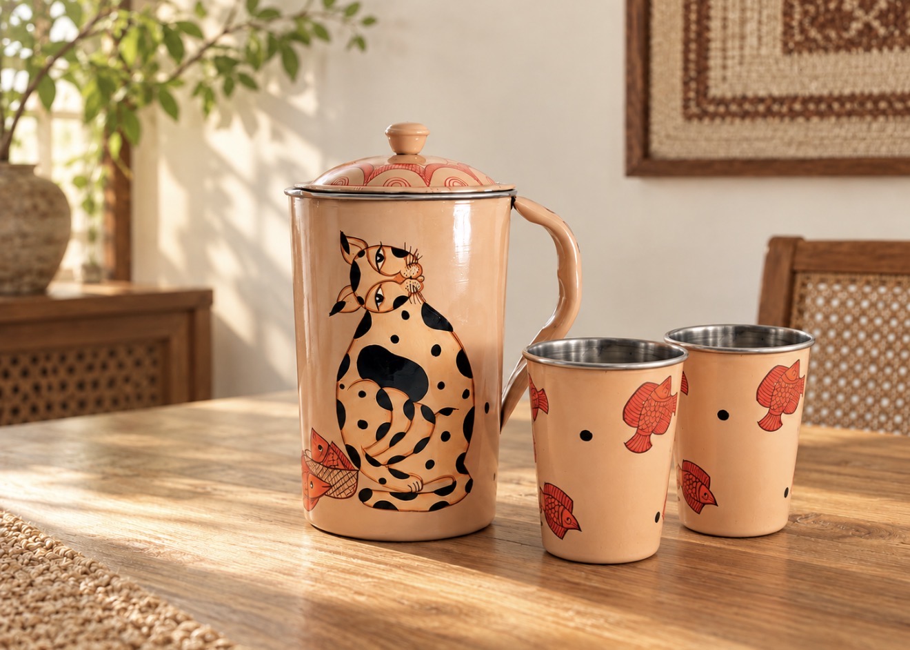 Kalighat Cat Family Hand-Painted Steel Jug & Glass Set — 1 jug + 4 glasses