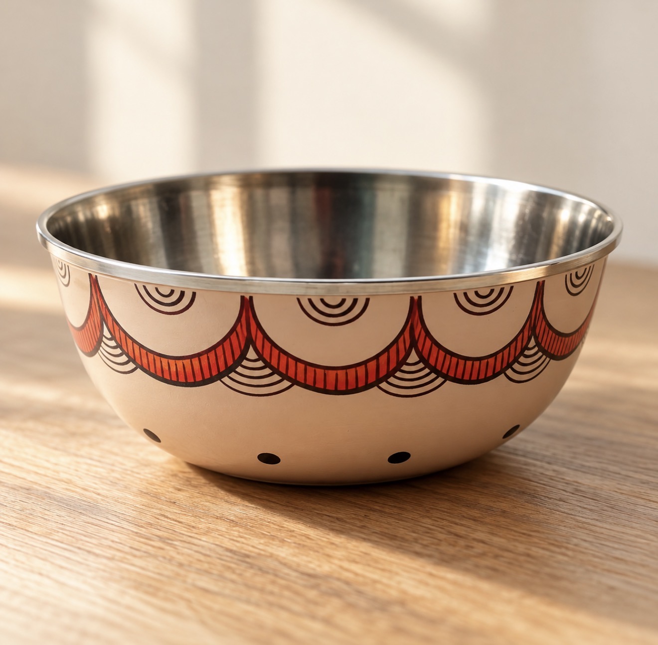 Hand-painted steel bowl featuring a red and black scalloped folk-art border.