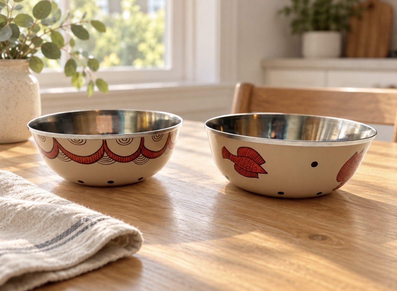 Two Kalighat-inspired hand-painted steel bowls styled on a wooden dining table.