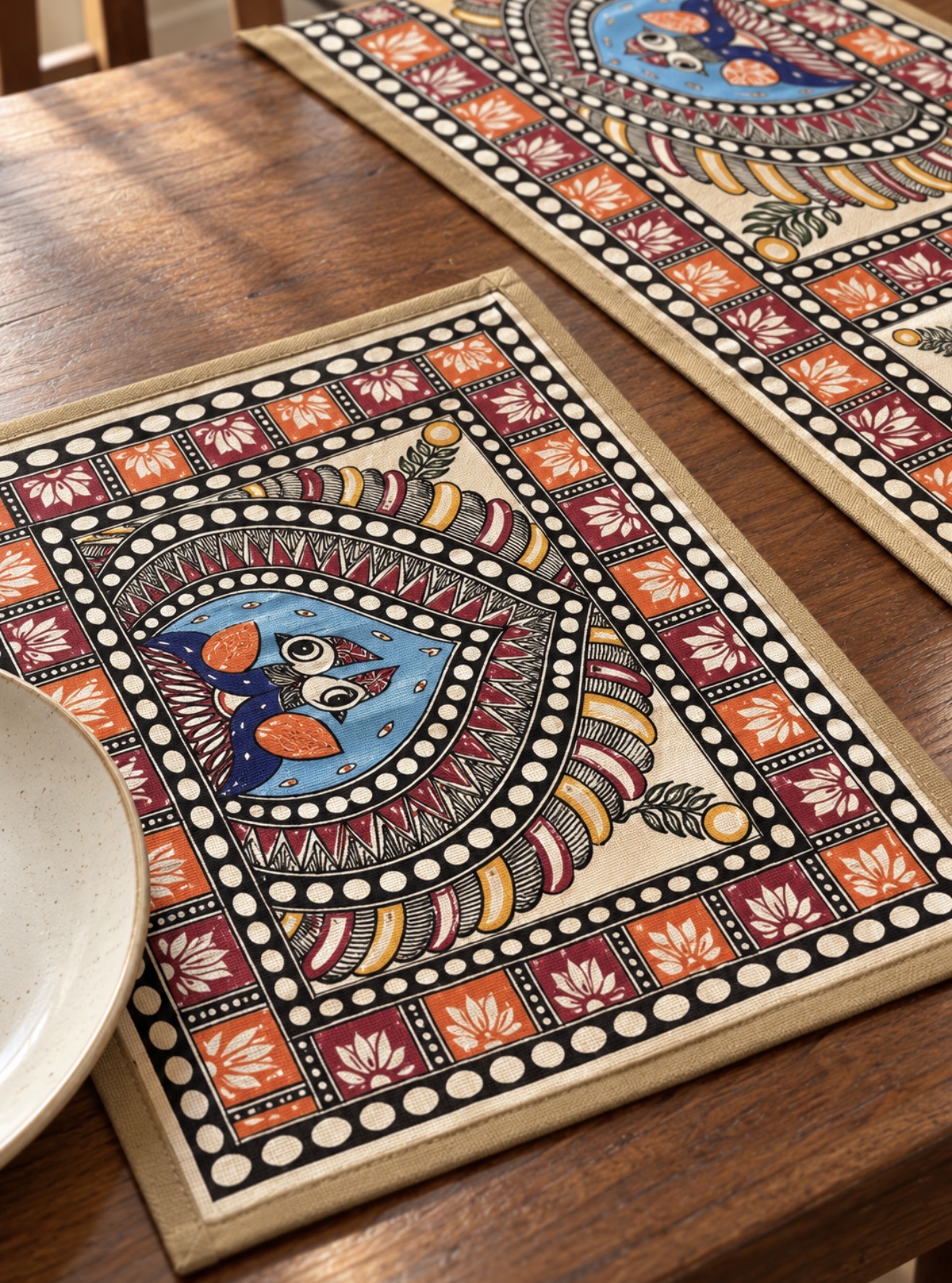 Close-up of Blue & Rust Madhubani paired motifs, decorative borders, and Canvas Fabric on a matching placemat and runner